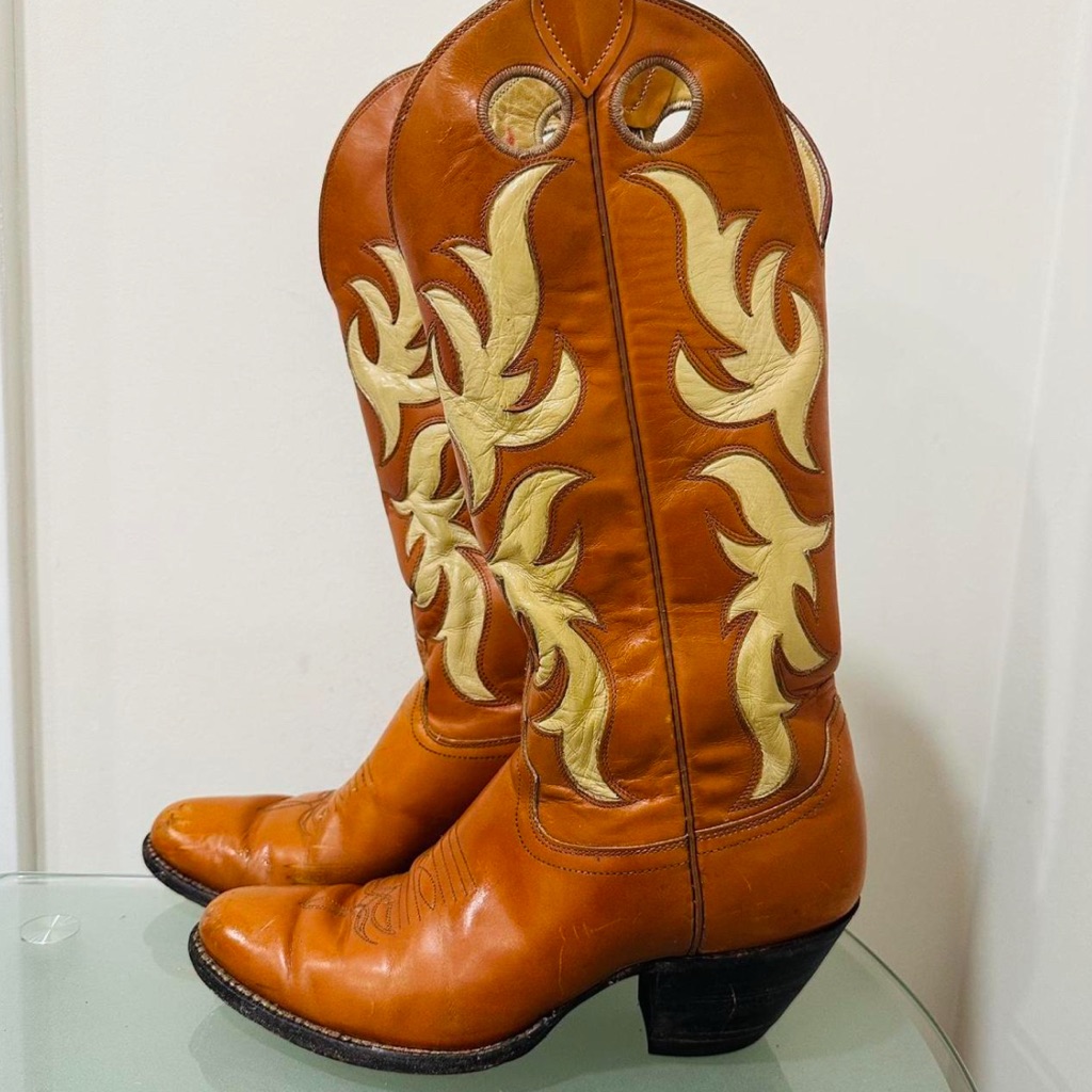 Justin Leather Western Cowboy Buckaroo Caramel Tan Boots 8 C Acme Inlay Vintage